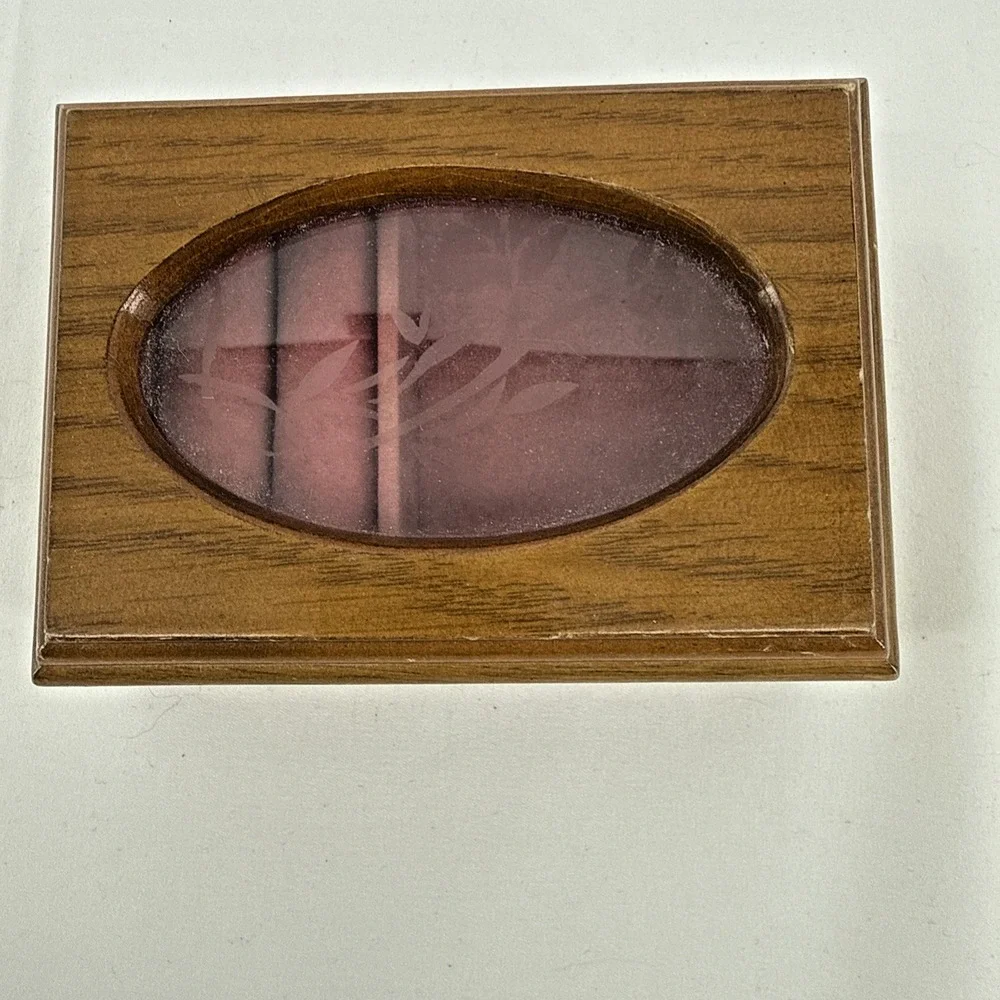 Vintage Small Wooden Jewelry Box Etched Flower Design Oval Glass Top Pink Velvet